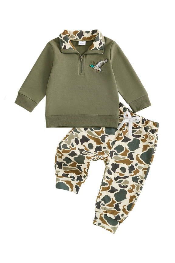 Toddler Baby Boy Hunting Duck Outfits Camo Spring Fall Winter Clothes Half Zip Long Sleeve Animal Print Pullover Sweatshirt Pants Set 2Pcs Clothing