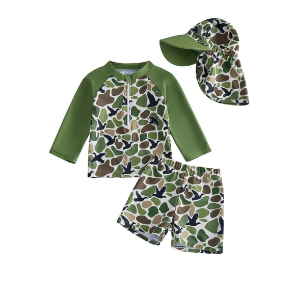 BemeyourBBs Toddler Baby Boy Hunting Duck Swimsuit with Sun Hat 3 Pieces Outfit Infant Boy Bathing Suit Long Sleeve Rash Guard Camouflage Print Zipper Swimming Tops Swim Trunks Shorts Set Swimwear