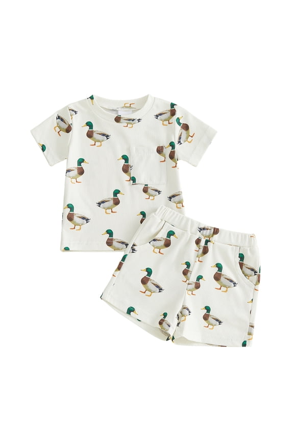 Toddler Baby Boy Mallard Duck Outfit Infant Baby Boys Summer Clothes Short Sleeve Duck Cattle Print T Shirt Tops and Shorts Set Toddler Baby Boys Summer Outfit