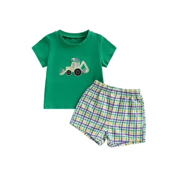 BemeyourBBs Toddler Baby Boy Mardi Gras Outfit Spring Summer Carnival Clothes Cute Tractor Embroidery Short Sleeve T-Shirt Top and Shorts Set