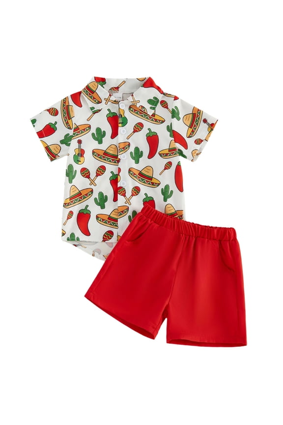 Toddler Baby Boy Mexican Fiesta Outfits Cinco De Mayo Baby Boy Outfit Sombrero Print Short Sleeve Button Down Shirt and Elastic Shorts Set Toddler Boys 2 Piece Summer Clothes