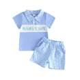 thumbnail image 1 of BemeyourBBs Toddler Baby Boy Mothers Day Outfits Cute Infant Boys Summer Clothes Short Sleeve Lapel Neck Letters Embroidery Tops and Plaid Shorts Set, 1 of 9
