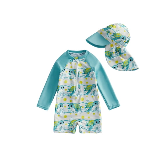 BemeyourBBs Toddler Baby Boy One Piece Swimsuit with Hat Infant Bathing Suit Cartoon Shark Turtle Long Sleeve Rash Guard Zip-up Sweawear Summer Pool Beachwear