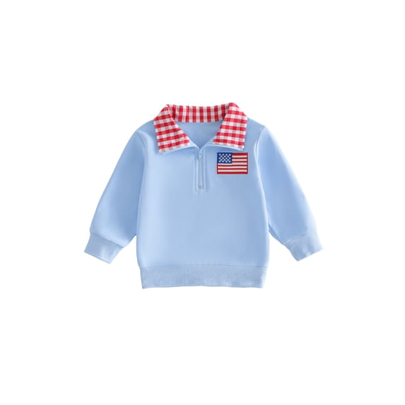 BemeyourBBs Toddler Baby Boy Patriotic Sweatshirt Shirts Infant Baby Boys 4th of July Outfit USA Flag in Tractor Embroidery Long Sleeve Lapel Half Zipper Pullover Sweater Shirt Tops