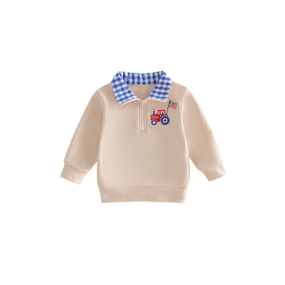 BemeyourBBs Toddler Baby Boy Patriotic Sweatshirt Shirts Infant Baby Boys 4th of July Outfit USA Flag in Tractor Embroidery Long Sleeve Lapel Half Zipper Pullover Sweater Shirt Tops