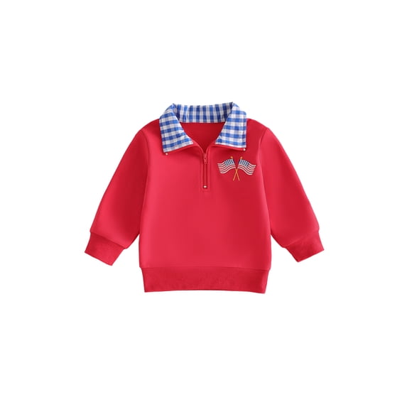 BemeyourBBs Toddler Baby Boy Patriotic Sweatshirt Shirts Infant Baby Boys 4th of July Outfit USA Flag in Tractor Embroidery Long Sleeve Lapel Half Zipper Pullover Sweater Shirt Tops