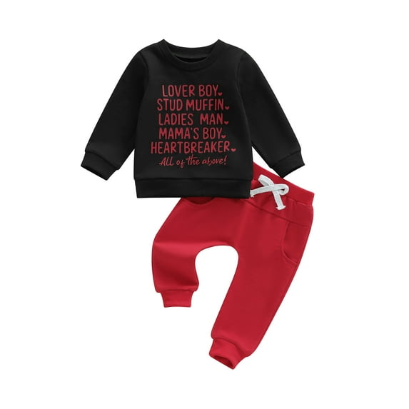 BemeyourBBs Toddler Baby Boy Spring Outfits Valentines Day Clothes Letter Print Long Sleeve Pullover Sweatshirt Tops Solid Pants Set
