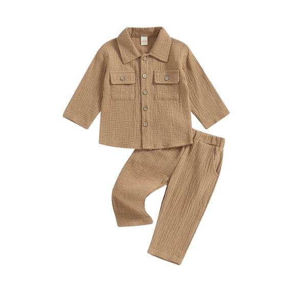 BemeyourBBs Toddler Baby Boy Spring Summer Fall Clothes Infant Baby Boys Cotton Linen Outfits Lapel Long Sleeve Button Down Shirt and Wide Legs Pockets Pants Set