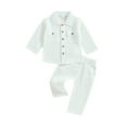 thumbnail image 1 of BemeyourBBs Toddler Baby Boy Spring Summer Fall Clothes Infant Baby Boys Cotton Linen Outfits Lapel Long Sleeve Button Down Shirt and Wide Legs Pockets Pants Set, 1 of 9