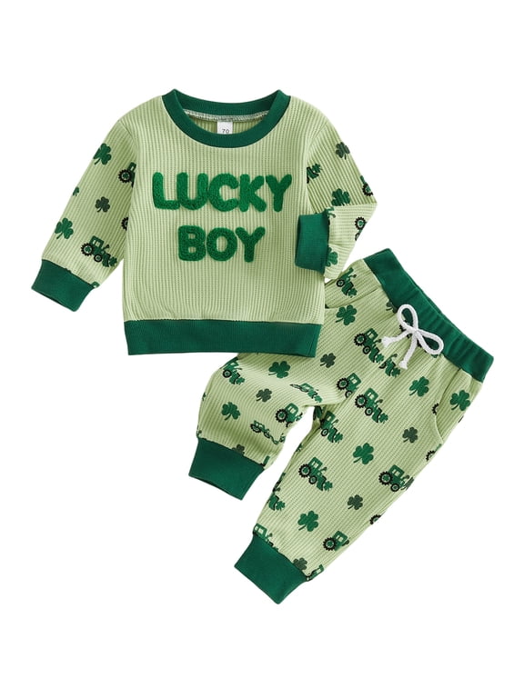 Toddler Baby Boy St Patricks Day Outfit Irish Fall Winter Spring Clothes Clover Tractor Long Sleeve Sweatshirt and Pants Set 2 Piece Clothing Set