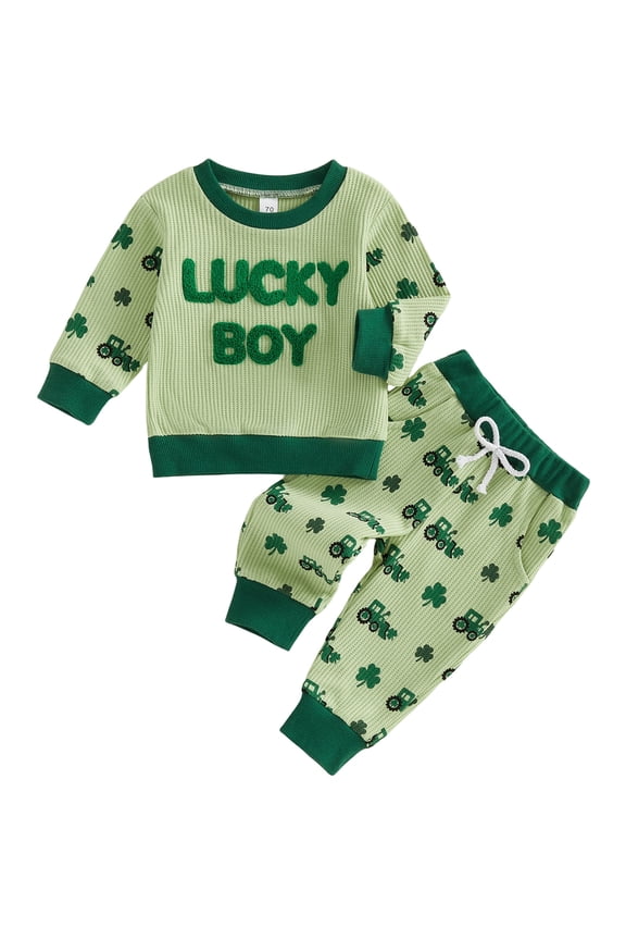 Toddler Baby Boy St Patricks Day Outfit Irish Fall Winter Spring Clothes Clover Tractor Long Sleeve Sweatshirt and Pants Set 2 Piece Clothing Set