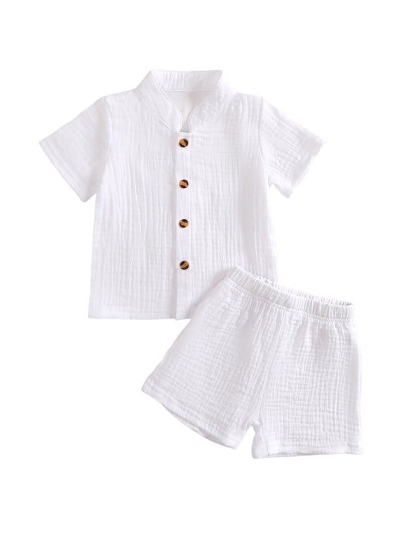 Toddler Baby Boy Summer Clothes 2 Pieces Cotton Linen Outfit Solid Color Mock Neck Short Sleeve Button Down Shirt and Shorts Set