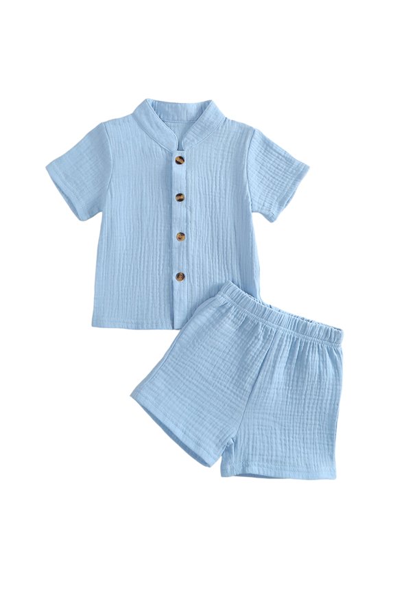 Toddler Baby Boy Summer Clothes 2 Pieces Cotton Linen Outfit Solid Color Mock Neck Short Sleeve Button Down Shirt and Shorts Set
