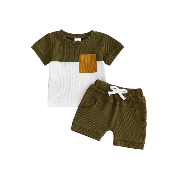 BemeyourBBs Toddler Baby Boy Summer Clothes 2 Pieces Outfit Waffle Knit Contrast Short Sleeve T Shirts and Pockets Shorts Set