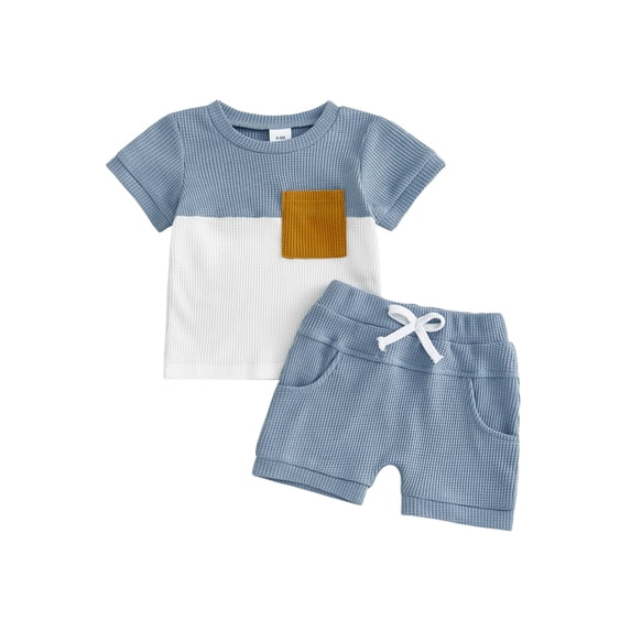BemeyourBBs Toddler Baby Boy Summer Clothes 2 Pieces Outfit Waffle Knit Contrast Short Sleeve T Shirts and Pockets Shorts Set