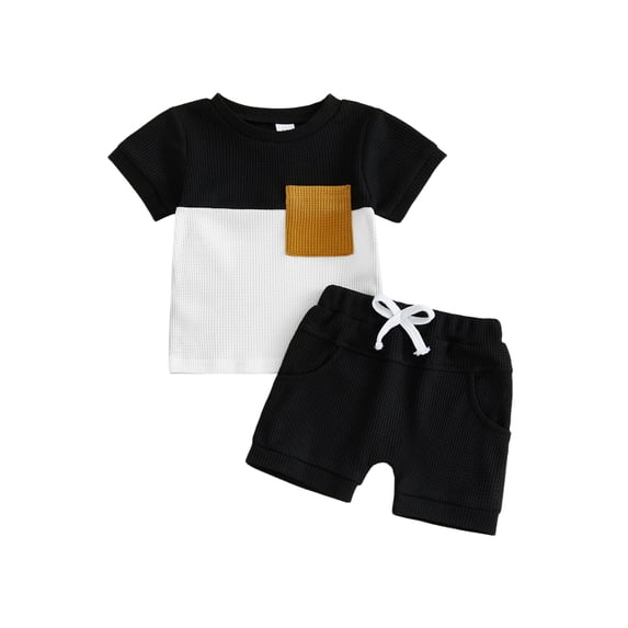 BemeyourBBs Toddler Baby Boy Summer Clothes 2 Pieces Outfit Waffle Knit Contrast Short Sleeve T Shirts and Pockets Shorts Set
