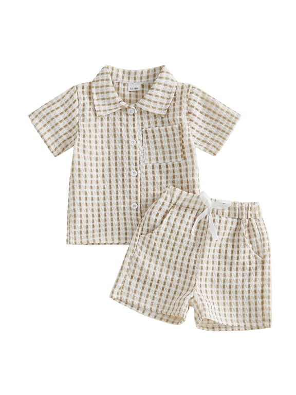 Toddler Baby Boy Summer Clothes 2 Pieces Outfits Textured Plaid Short Sleeve Button Down UP Collar Shirts Pockets Shorts Set