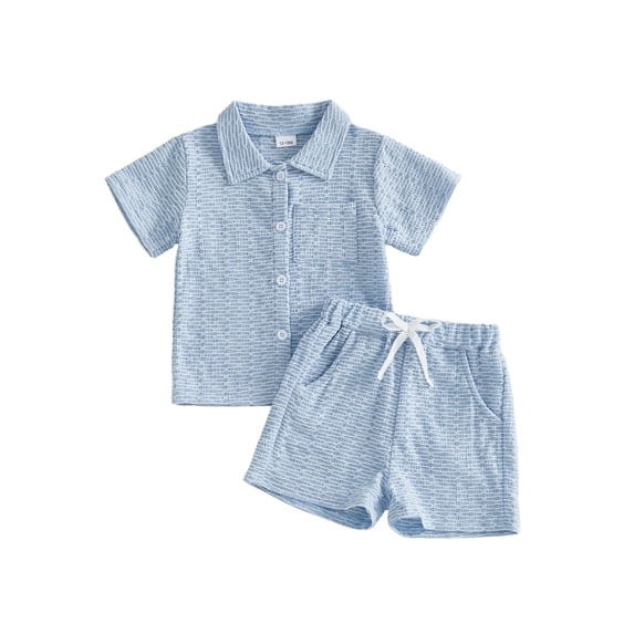 BemeyourBBs Toddler Baby Boy Summer Clothes 2 Pieces Outfits Textured Short Sleeve Button Down UP Collar Shirts Pockets Shorts Set