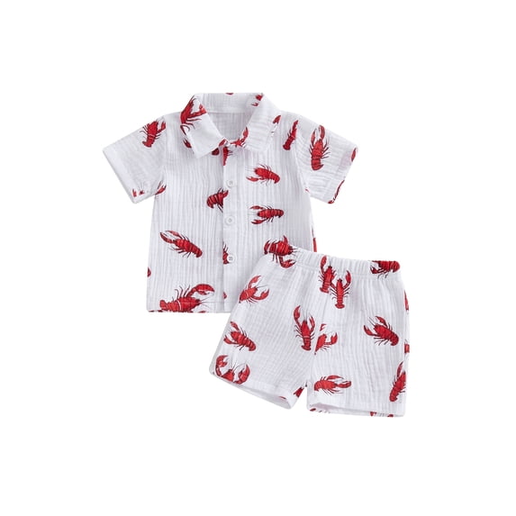 BemeyourBBs Toddler Baby Boy Summer Clothes Baby Boy Cotton 2 Piece Outfit Dinosaur Bus Lobster Print Short Sleeve Button Down Shirt with Elastic Waist Shorts Set Toddler Boys Summer Outfit