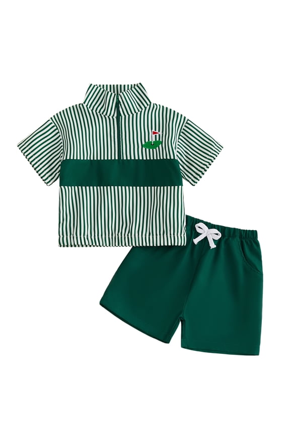 Toddler Baby Boy Summer Clothes Infant Baby Boys Golf Outfit Short Sleeve Lapel Collar Golf Themed Embroidery Half Zipper Striped Shirt Tops and Pockets Shorts 2Pcs Set