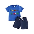 thumbnail image 1 of BemeyourBBs Toddler Baby Boy Summer Clothes Infant Baby Boys Summer 2 Piece Outfit Excavator Truck Airplane Embroidery Short Sleeve T Shirt and Elastic Waist Solid Pockets Shorts Set, 1 of 9