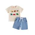 thumbnail image 1 of BemeyourBBs Toddler Baby Boy Summer Clothes Infant Baby Boys Summer 2 Piece Outfit Excavator Truck Airplane Embroidery Short Sleeve T Shirt and Elastic Waist Solid Pockets Shorts Set, 1 of 9