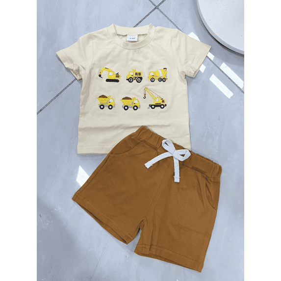 BemeyourBBs Toddler Baby Boy Summer Clothes Infant Baby Boys Summer 2 Piece Outfit Excavator Truck Airplane Embroidery Short Sleeve T Shirt and Elastic Waist Solid Pockets Shorts Set