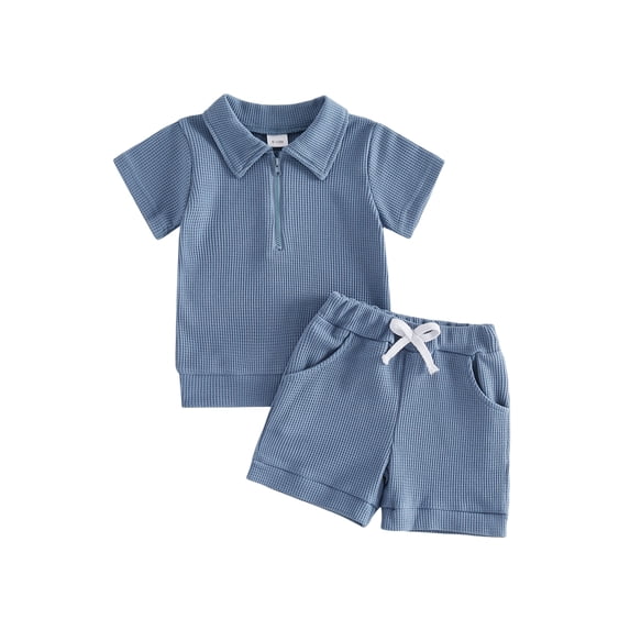 BemeyourBBs Toddler Baby Boy Summer Clothes Infant Baby Boys Summer 2 Piece Outfits 6 12 18 24 Months 2 3 4 Years Waffled Short Sleeve Lapel Collar Half Zip Shirt Tops and Shorts 2Pcs Set