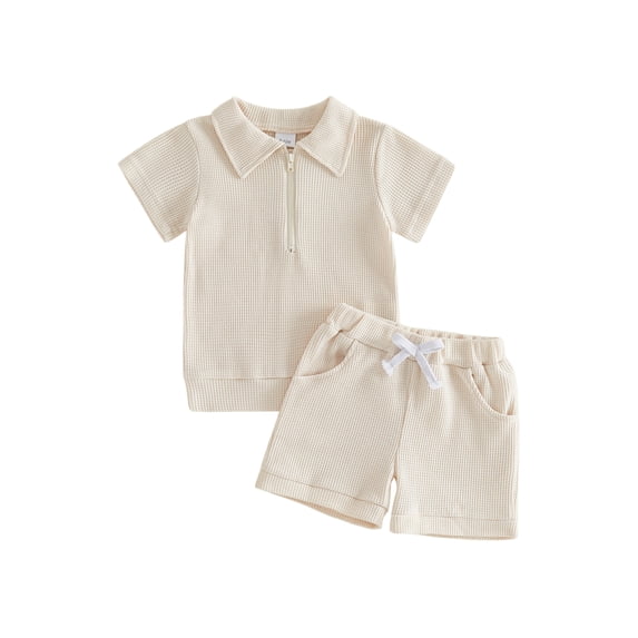 BemeyourBBs Toddler Baby Boy Summer Clothes Infant Baby Boys Summer 2 Piece Outfits 6 12 18 24 Months 2 3 4 Years Waffled Short Sleeve Lapel Collar Half Zip Shirt Tops and Shorts 2Pcs Set