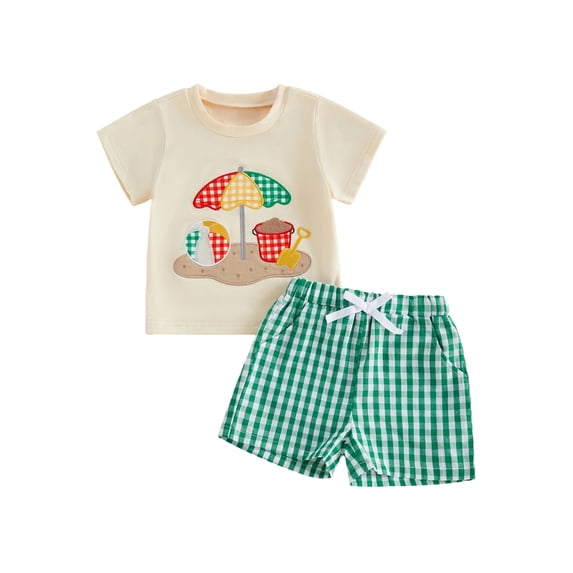 BemeyourBBs Toddler Baby Boy Summer Clothes Infant Baby Boys Summer Beach Holiday Outfit Shorts Sets Short Sleeve Castle Embroidery T -Shirt Tops and Plaid Plaid Pockets Shorts Set