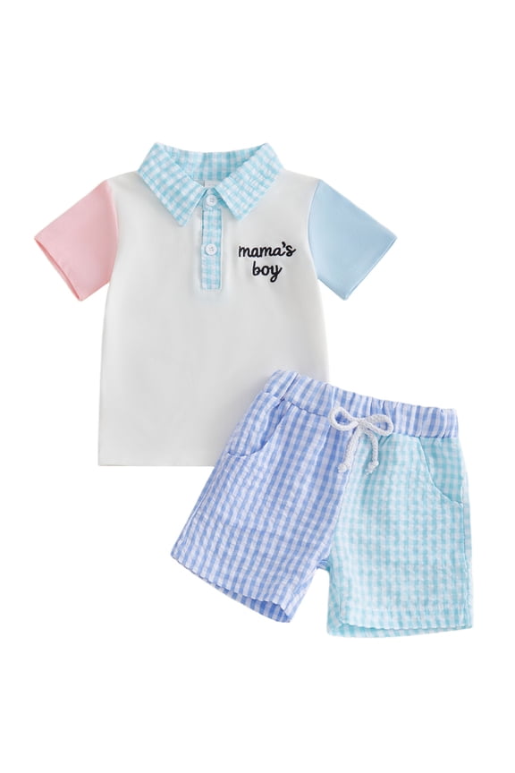 Toddler Baby Boy Summer Clothes Infant Mothers Day Outfits Mama's Boy Letters Plaid Patchwork Short Sleeves Shirt and Elastic Pockets Shorts Set Toddler Boys 2 Piece Summer Outfit