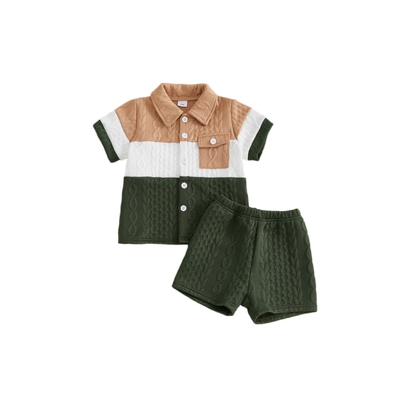 BemeyourBBs Toddler Baby Boy Summer Clothes Jacquard 2 Pieces Outfits Contrast Short Sleeve Button Down Shirts and Solid Shorts Set Toddler Boys Summer Outfit