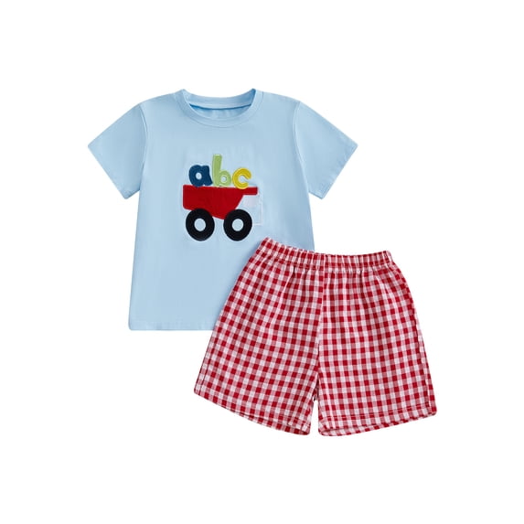 BemeyourBBs Toddler Baby Boy Summer Clothes Kids Baby Boys Back to School Pre Kindergarten Outfits Short Sleeve Embroidery Bus Letters T-shirt with Plaid Shorts Set