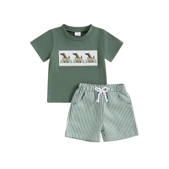 BemeyourBBs Toddler Baby Boy Summer Clothes Newborn Infant Baby Boys 2 Pieces Outfit Tree Duck Shark Short Sleeve T-shirts Striped Elastic Waist Pockets Shorts Set
