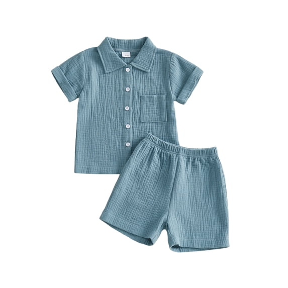 BemeyourBBs Toddler Baby Boy Summer Clothes Newborn Infant Boys Baptism Outfit Cotton Gauze Solid Color Short Sleeve Button Down Shirt Tops And Shorts Set Pocket