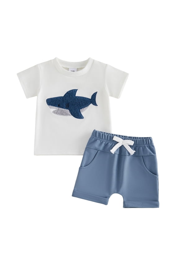 Toddler Baby Boy Summer Clothes Shark Outfit Shark Embroidered Crew Neck Short Sleeve T Shirt Tops and Shorts Set