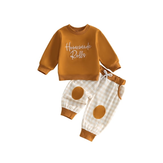 BemeyourBBs Toddler Baby Boy Thanksgiving Outfit Homemade Rolls Baby Outfit Fall Winter Clothes Long Sleeve Letters Crewneck Sweatshirt Tops with Plaid Pockets Long Pants Set
