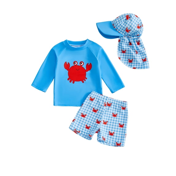 BemeyourBBs Toddler Baby Boy Two Piece Swimsuit with Hat Infant Boy Bathing Suit Long Sleeve Rash Guard Swimwear Summer Beachwear Lobster Crab Deer Hunting Print Zipper Top Swimming Trunks Shorts Set