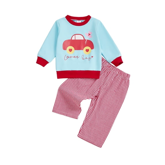 BemeyourBBs Toddler Baby Boy Valentines Day Outfits Car Letter Print Long Sleeve Pullover Sweatshirt Plaid Pants 2 Pcs Spring Clothes Set