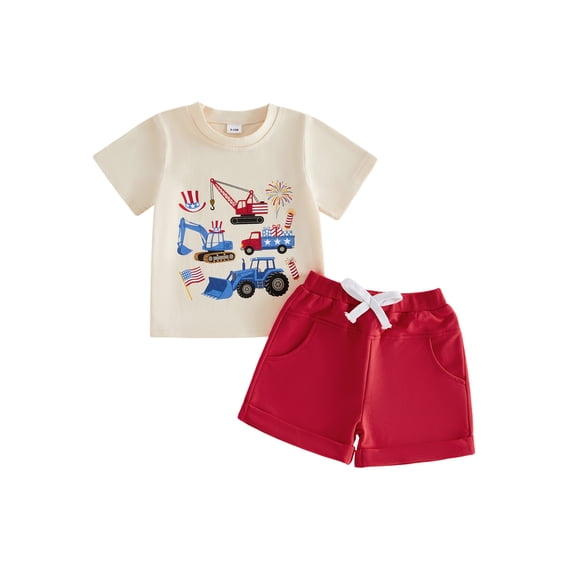 BemeyourBBs Toddler Baby Boys 4th of July Outfits Baby Boy Patriot Independent Day Summer Clothes American Flag Vehicle Print Short Sleeve T Shirt Tops and Pockets Shorts Set