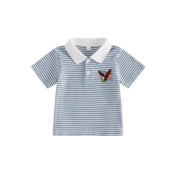 BemeyourBBs Toddler Baby Boys 4th of July Shirt Fourth of July Outfit Baby Boy Patriot Independence Day Clothes Collared Waffled Stripe Bird American Flag Embroidery Short Sleeve Summer Tee Shirt Top