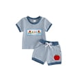 thumbnail image 1 of BemeyourBBs Toddler Baby Boys Back to School Outfit Kids Kindergarten Outfit Baby Boy Summer Clothes Letters and Apple Embroidery Short Sleeve Striped T-Shirt and Pockets Shorts 2 Piece Set, 1 of 9