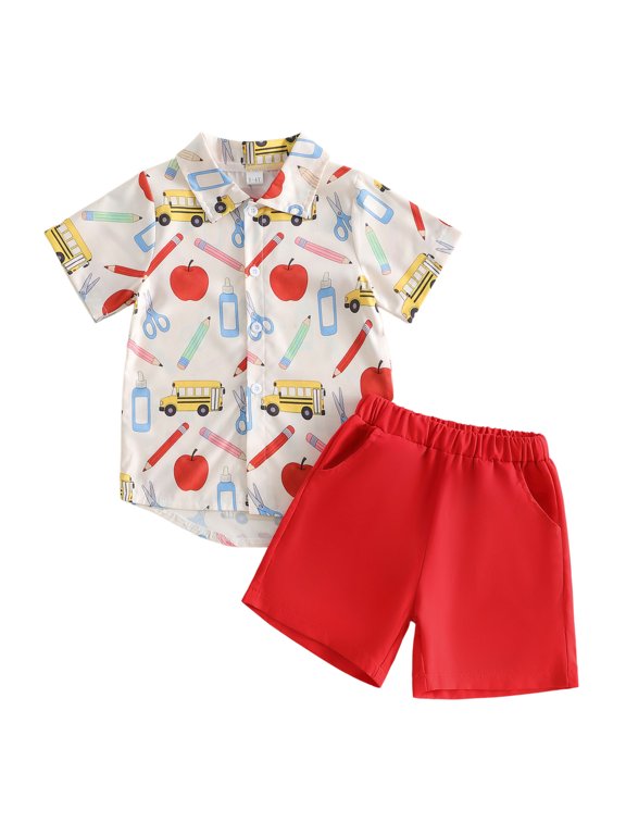Toddler Baby Boys Back to School Outfit Kids Kindergarten Outfits Baby Boy Summer Clothes Stationery Apple Print Collar Short Sleeve Button Down Shirt Tops and Pockets Shorts Set