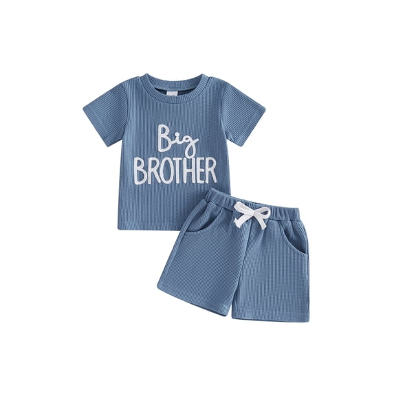 BemeyourBBs Toddler Baby Boys Big Brother Outfit Infant Baby Boys Summer Clothes Waffled Short Sleeve Letter Embroidery T Shirt Tops and Pockets Shorts Set