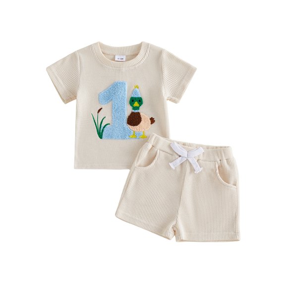 BemeyourBBs Toddler Baby Boys Birthday Duck Outfits 1st 2nd 3rd Years Old Birthday Summer Clothes Letter Embroidery Short Sleeve Waffle Knit T Shirt Tops and Shorts Set