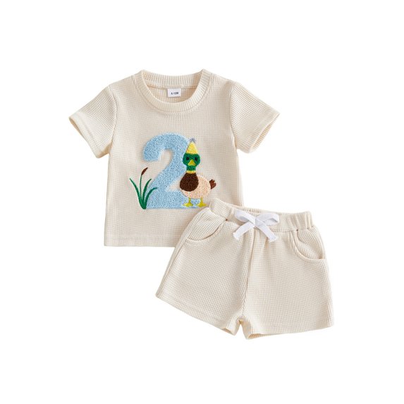 BemeyourBBs Toddler Baby Boys Birthday Duck Outfits 1st 2nd 3rd Years Old Birthday Summer Clothes Letter Embroidery Short Sleeve Waffle Knit T Shirt Tops and Shorts Set