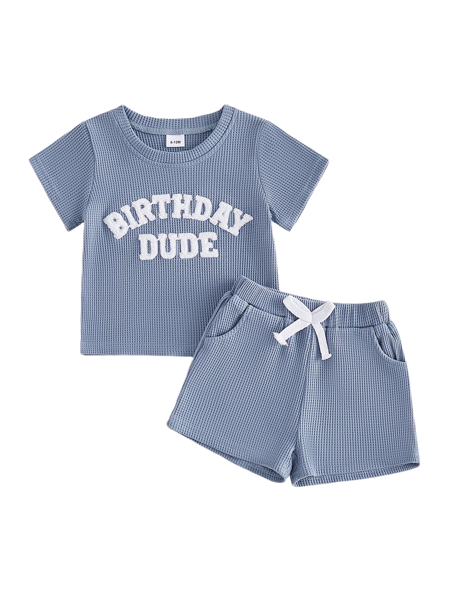 Toddler Baby Boys Birthday Outfits 1 2 3 4 Years Old Birthday Summer Clothes Birthday Dude Letter Embroidery Short Sleeves T-Shirt and Elastic Waist Pockets Shorts Set