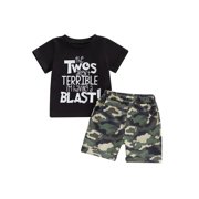 BemeyourBBs Toddler Baby Boys Birthday Outfits 2nd Birthday 2 Years Old Clothes Short Sleeve Letter Print T Shirt Tops and Camouflage Shorts Set Boys Summer Clothing