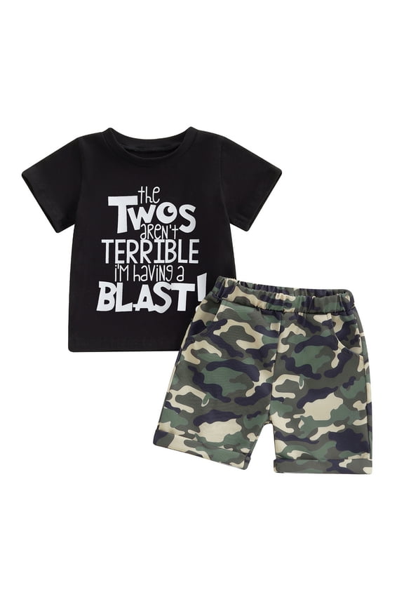 Toddler Baby Boys Birthday Outfits 2nd Birthday 2 Years Old Clothes Short Sleeve Letter Print T Shirt Tops and Camouflage Shorts Set Boys Summer Clothing