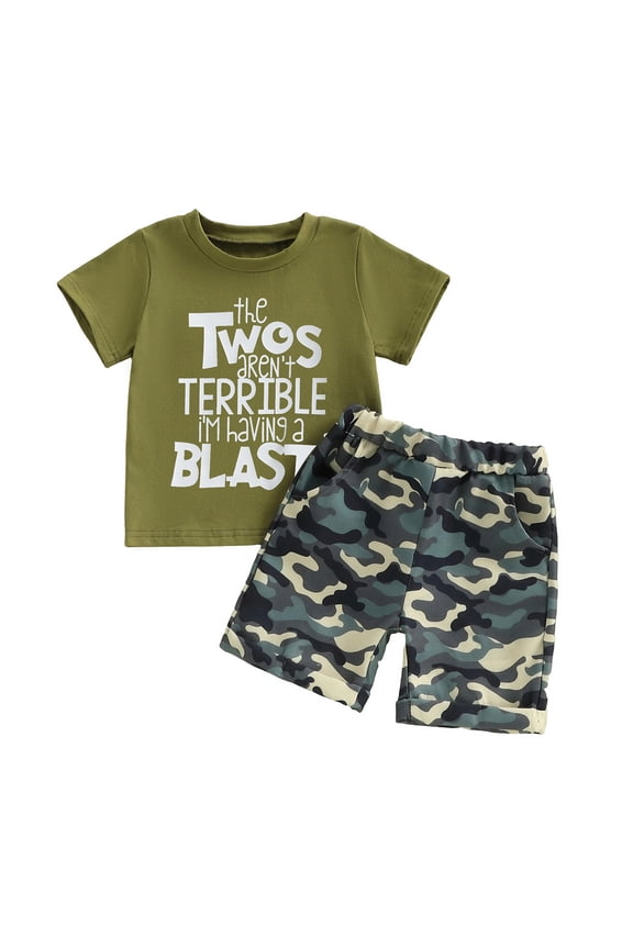 Toddler Baby Boys Birthday Outfits 2nd Birthday 2 Years Old Clothes Short Sleeve Letter Print T Shirt Tops and Camouflage Shorts Set Boys Summer Clothing